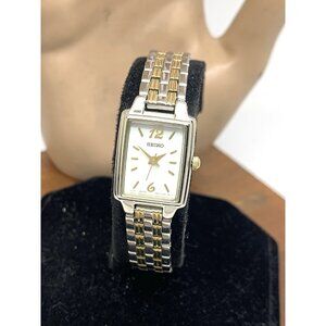 Seiko Women's Watch SXGL59 Quartz Petite Tank Rectangle White Dial 2-Tone Steel